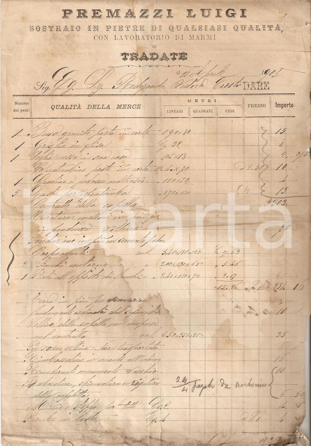 Documento originale, autentico 1905 TRADATE VA Marmi Luigi PREMAZZI Sostraio in pietre DANNEGGIATA Fattura 1