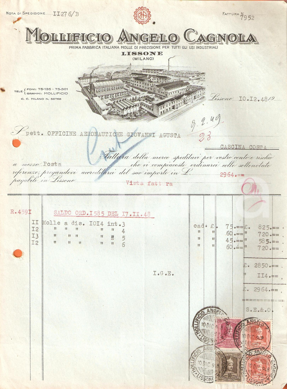 Documento originale, autentico 1948 LISSONE MI Mollificio Angelo CAGNOLA Molle di precisione Fattura 1
