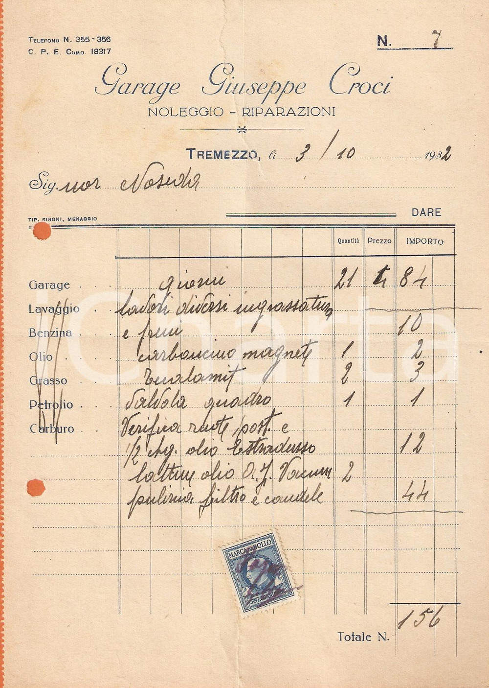 Documento originale, autentico 1932 TREMEZZO CO Garage Giuseppe CROCI Noleggio e riparazioni Fattura 1