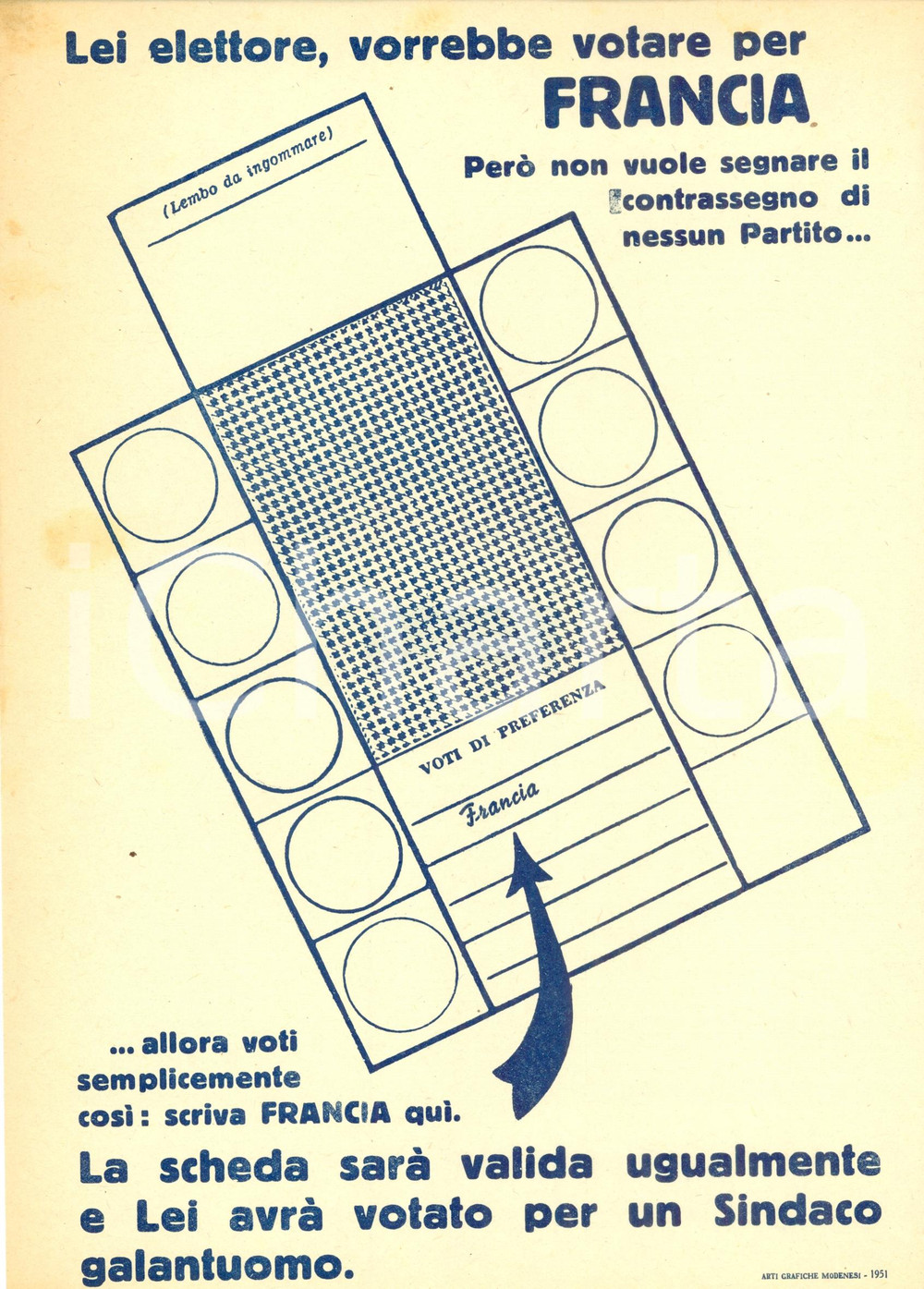Materiale pubblicitario d’epoca 1951 AREA MODENESE Propaganda politica PCI Elezioni Comunali FRANCIA sindaco 1