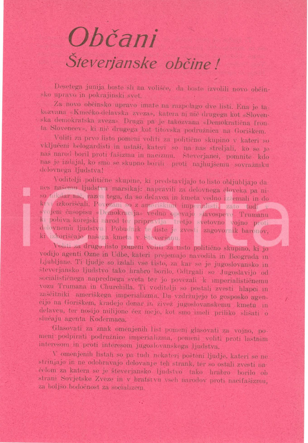 Materiale pubblicitario d’epoca 1954 GORIZIA Partito Comunista vs Imperialismi Harry TRUMAN Winston CHURCHILL 1