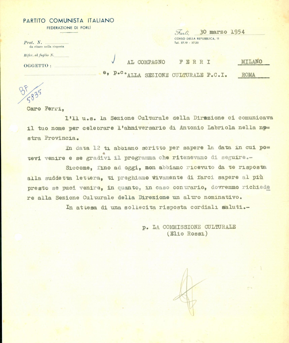 Manoscritto, lettera originale 1954 FORLI  PCI Cinquantenario morte Antonio LABRIOLA Lettera 1