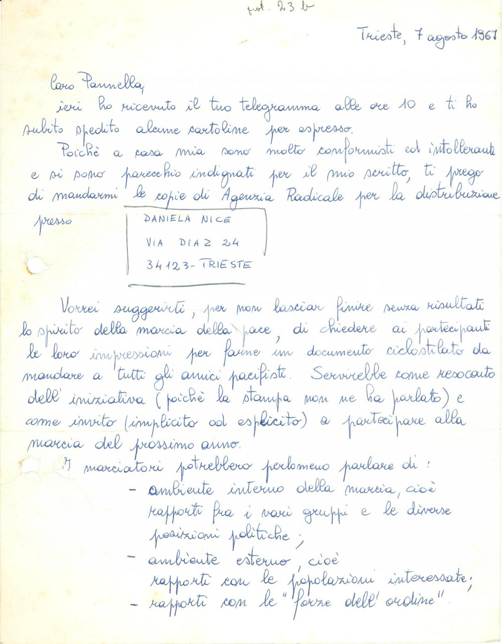 Autografo originale 1967 TRIESTE Anarchico Claudio VENZA attivitÃ  divorzista Ã¨ bloccata AUTOGRAFO 1