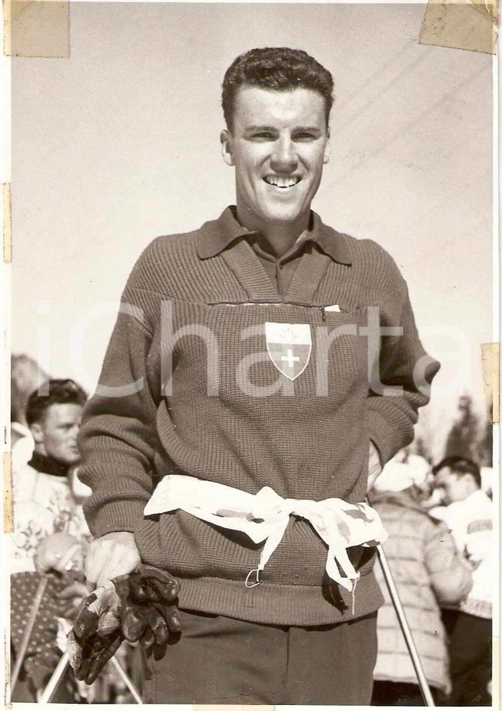 Fotografia d epoca originale 1950 ca SWITZERLAND Campionati SCI ALPINO Ritratto Nando PAJAROLA Danneggiata 1