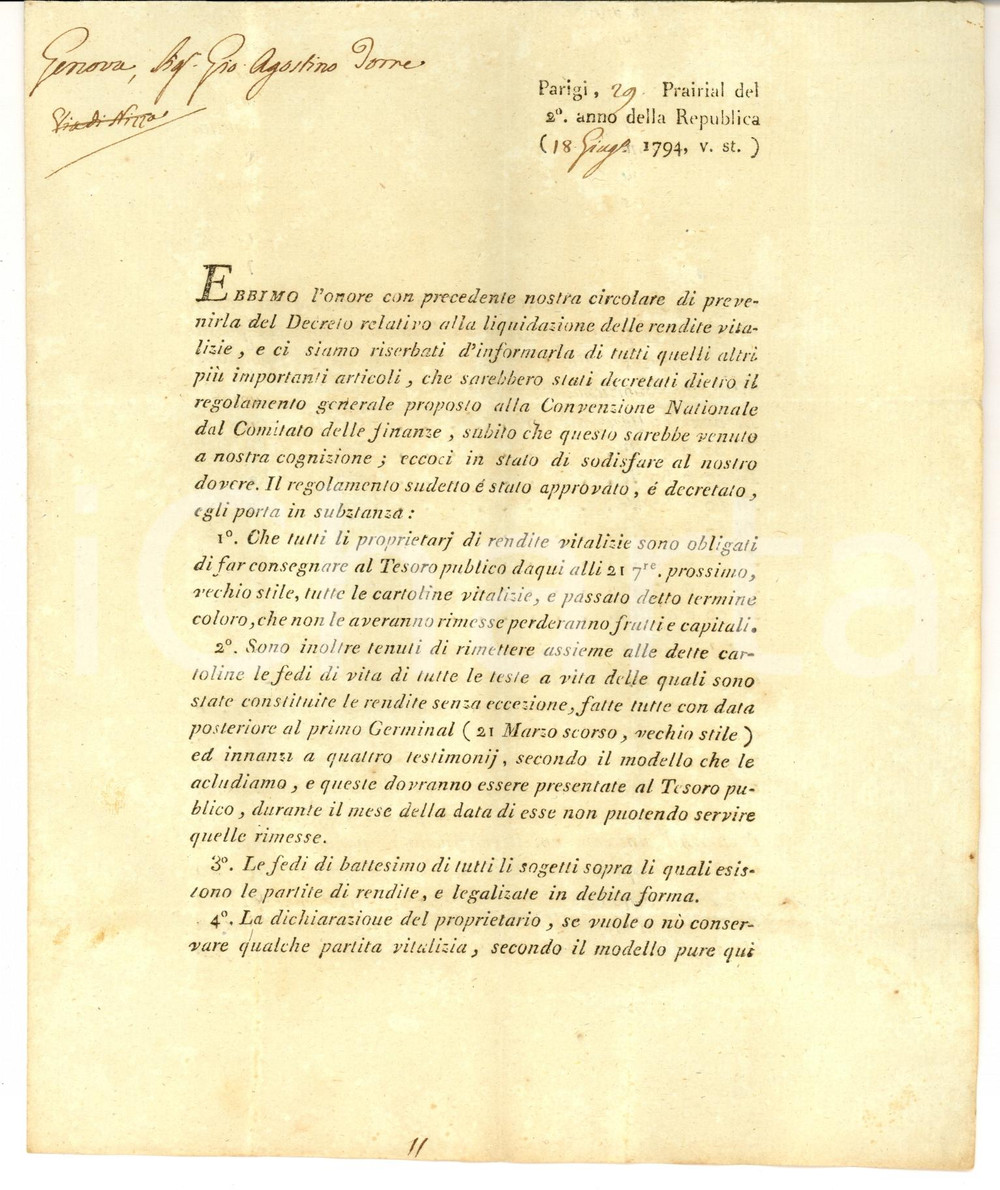 Documento originale, autentico 1794 PARIS PARENT MERIGO & CIE sulle rendite di Giovanni Agostino TORRE 1