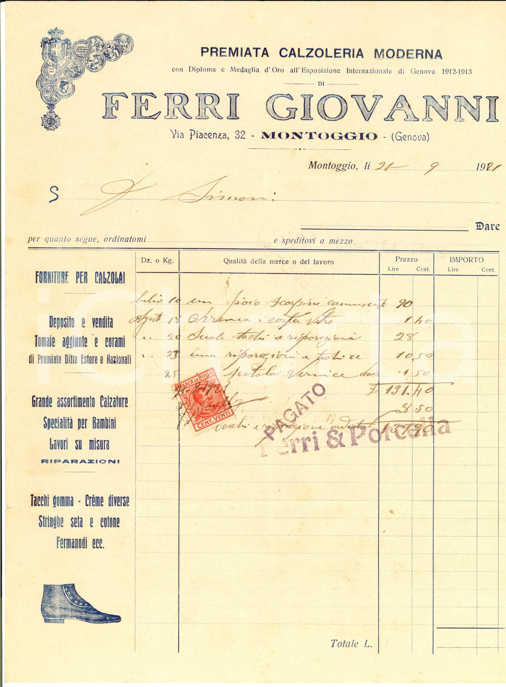 Documento originale, autentico 1921 MONTOGGIO GE Giovanni FERRI  Premiata calzoleria moderna Fattura 1