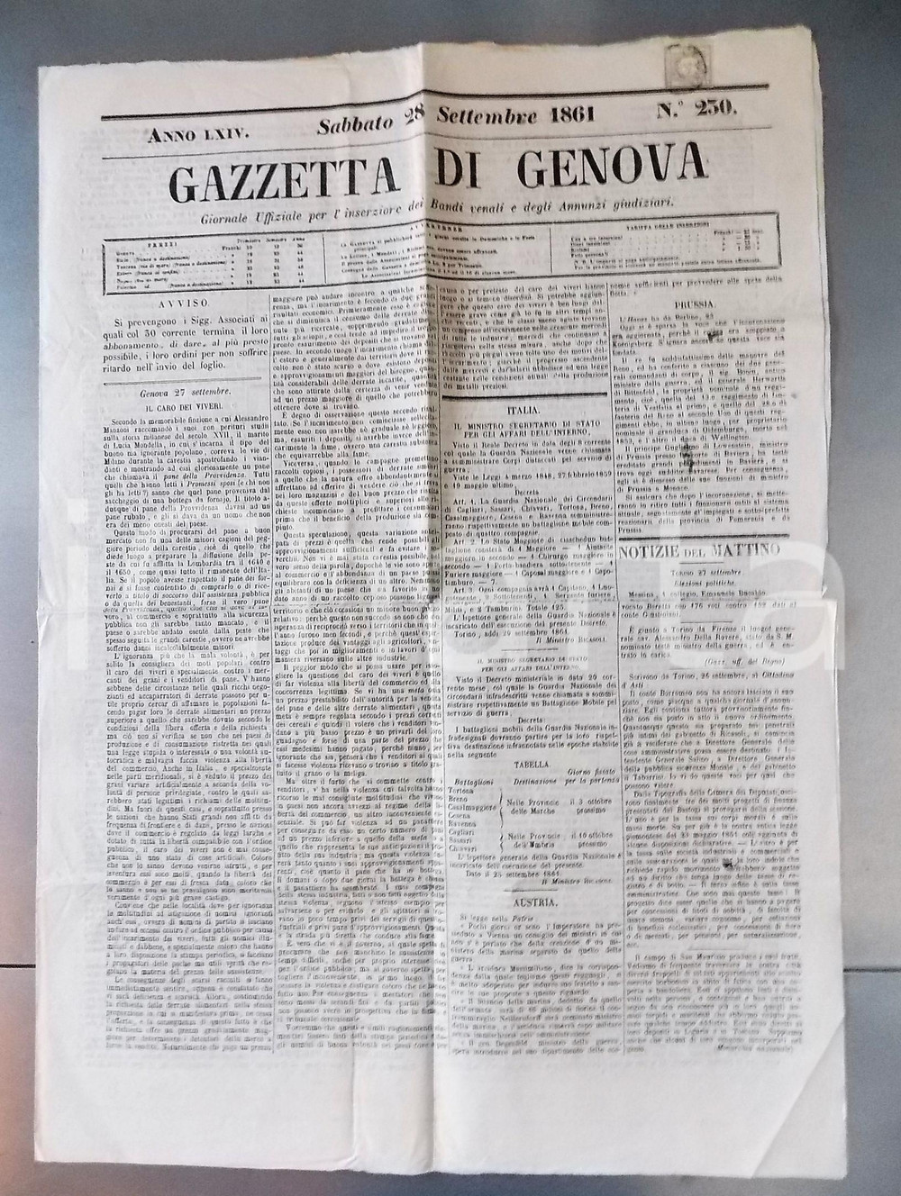 Giornale, rivista storica 1861 GAZZETTA DI GENOVA n° 230 Sommosse della folla contro il caro viveri 1