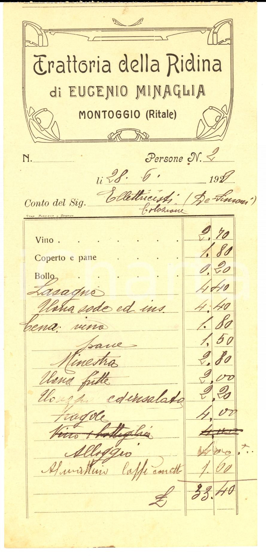 Documento originale, autentico 1928 MONTOGGIO GE Conto Trattoria della RIDINA di Eugenio MINAGLIA 1
