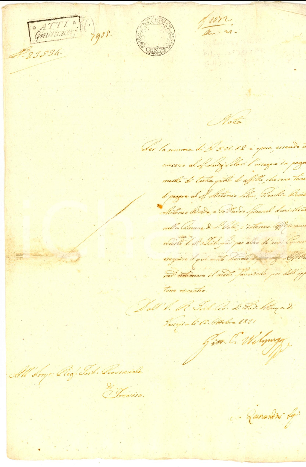 Documento originale, autentico 1821 TREVISO SAN PELAIO Affitti versati a don Luigi SOLARI Manoscritto 1