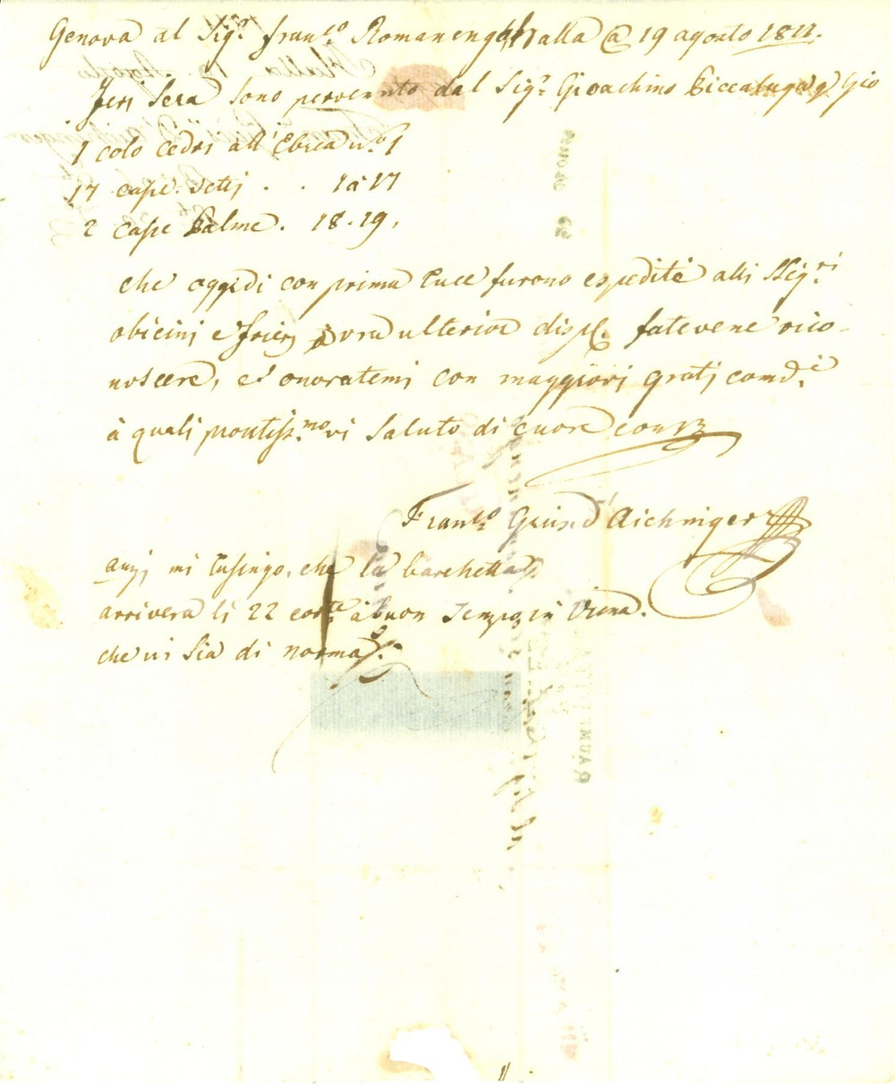 Documento originale, autentico 1811 GENOVA Cedri all ebrea e palme per Francesco ROMANENGO Lettera 1