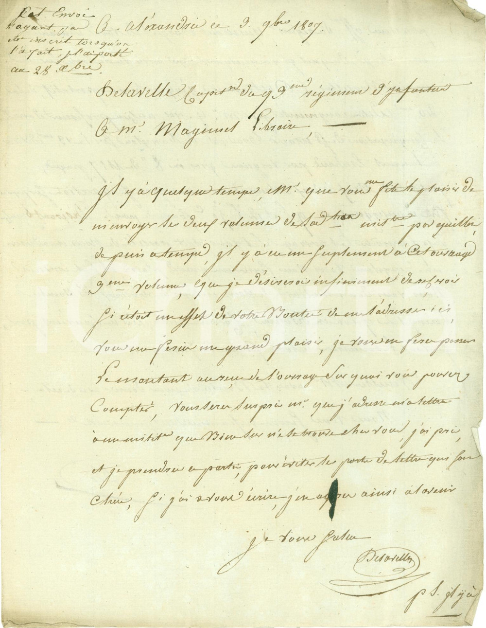 Documento originale, autentico 1807 ALESSANDRIA Capitano DELAVELLE 93° Reggimento Fanteria ordina libri MAGIMEL 1