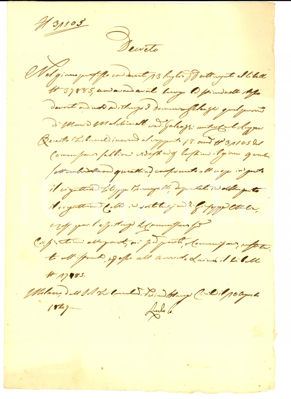 Documento originale, autentico 1847 MILANO Nomina di Filippo FUMAGALLI perito rigattiere su mobili di debitore 1