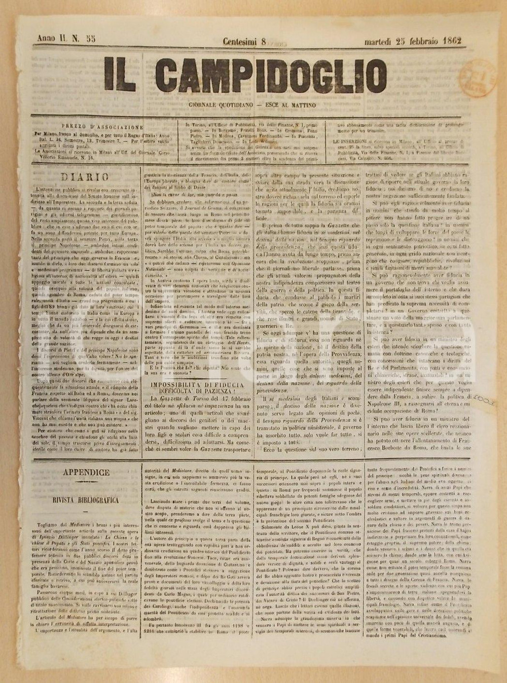 Giornale, rivista storica 1862 MILANO Giornale IL CAMPIDOGLIO Gli Italiani hanno perso fiducia e pazienza 1
