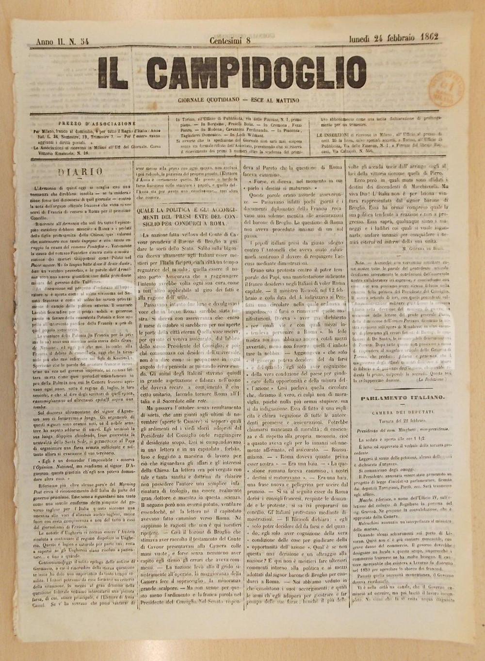 Giornale, rivista storica 1862 MILANO Giornale CAMPIDOGLIO Bettino RICASOLI vuole reazione, non progresso 1