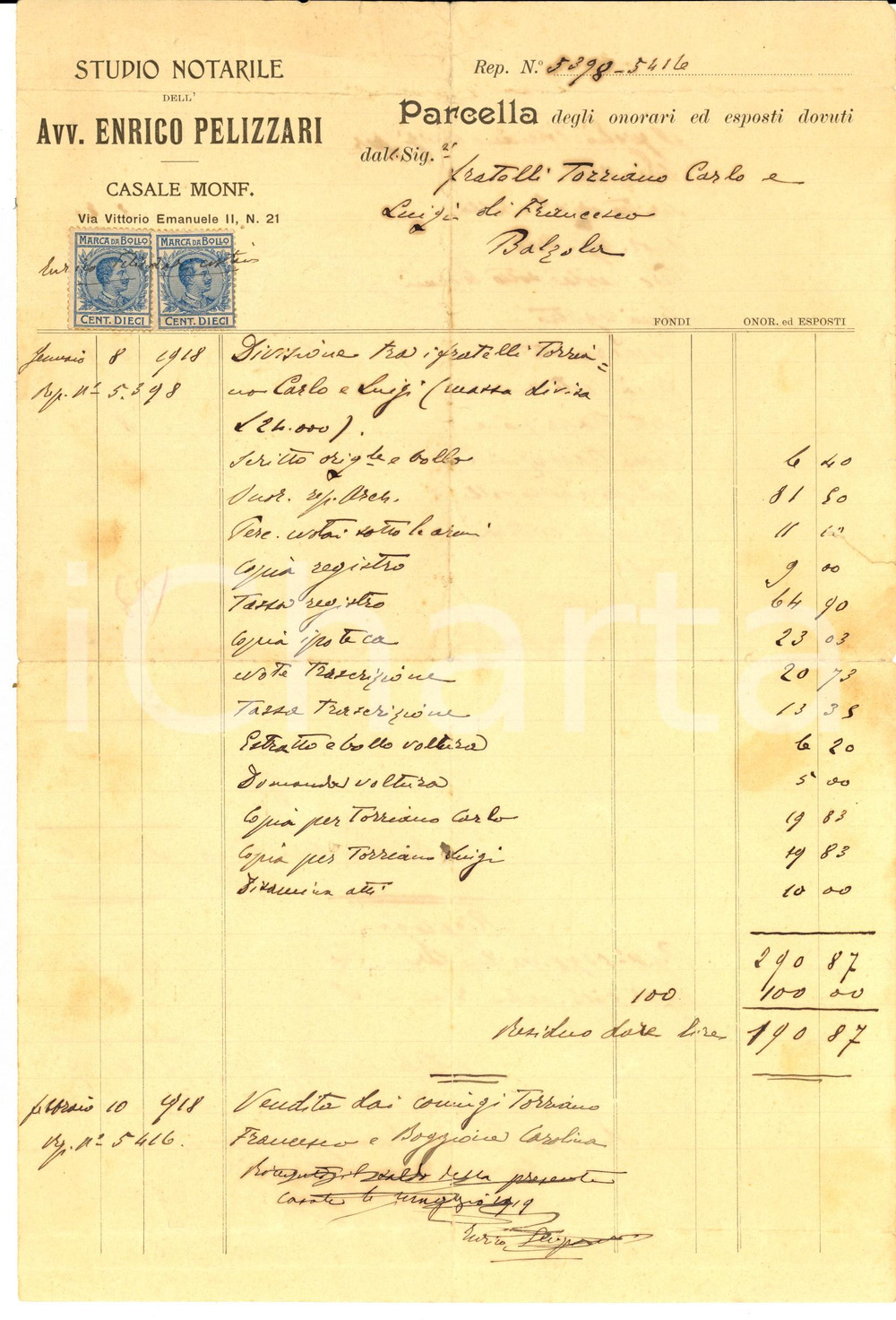 Documento originale, autentico 1918 CASALE MONFERRATO AL Conto dell avvocato Enrico PELLIZZARI Manoscritto 1