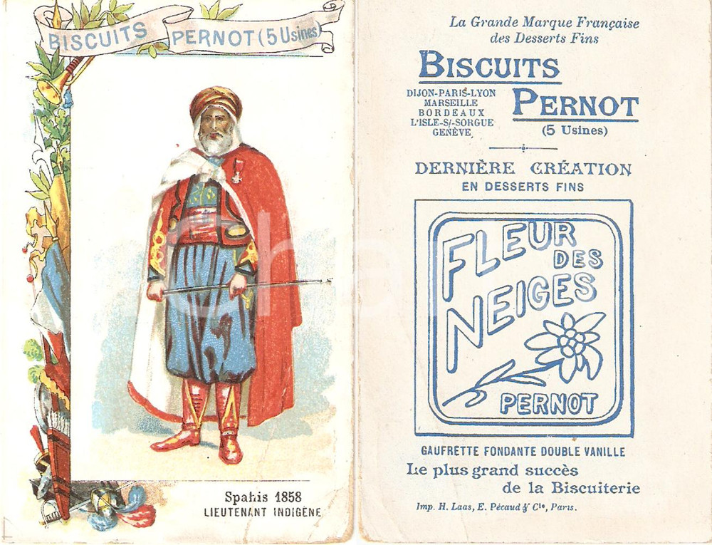 Oggetto da collezione cartaceo 1930 ca BISCUITS PERNOT Spahis 1858 Lieutenant indigene Figurina 1