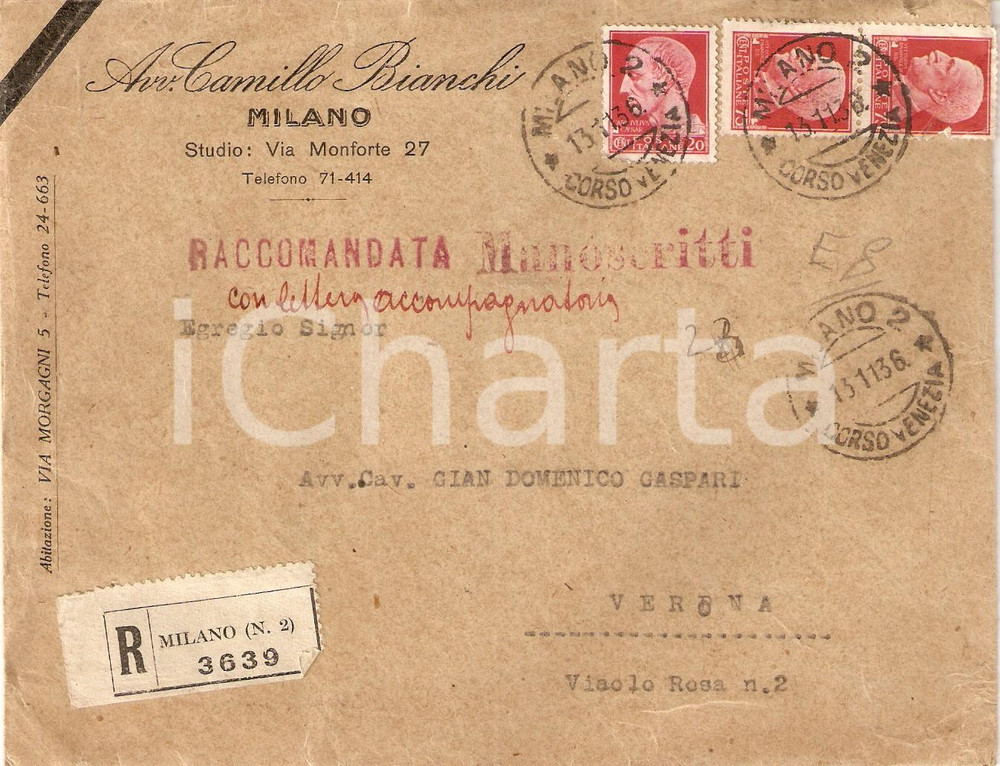Oggetto da collezione cartaceo 1936 MILANO Avvocato Camillo BIANCHI Busta intestata VUOTA 1