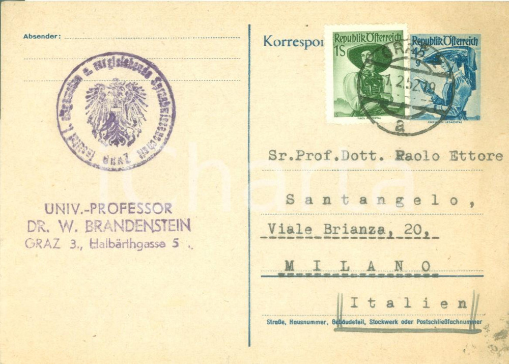 Autografo originale 1952 GRAZ AUSTRIA Wilhelm BRANDENSTEIN ringrazia per l invio di un opera 1