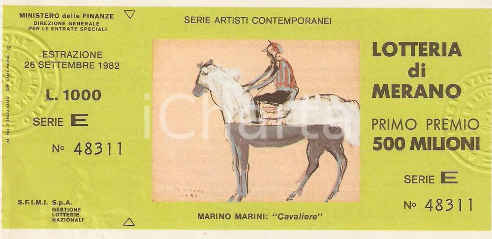 Oggetto da collezione cartaceo 1982 LOTTERIA DI MERANO BZ Biglietto con illustrazione Marino MARINI 1