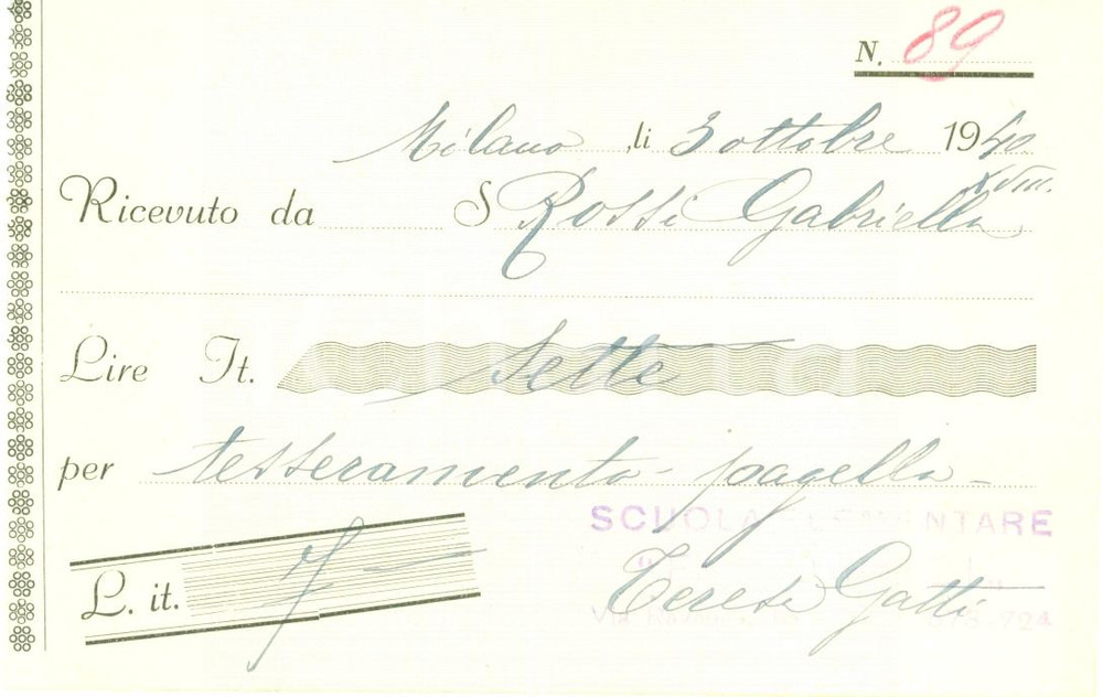 Documento originale, autentico 1940 MILANO Scuola elementare FABIO FILZI Gabriella ROSSI tesseramento pagelle 1
