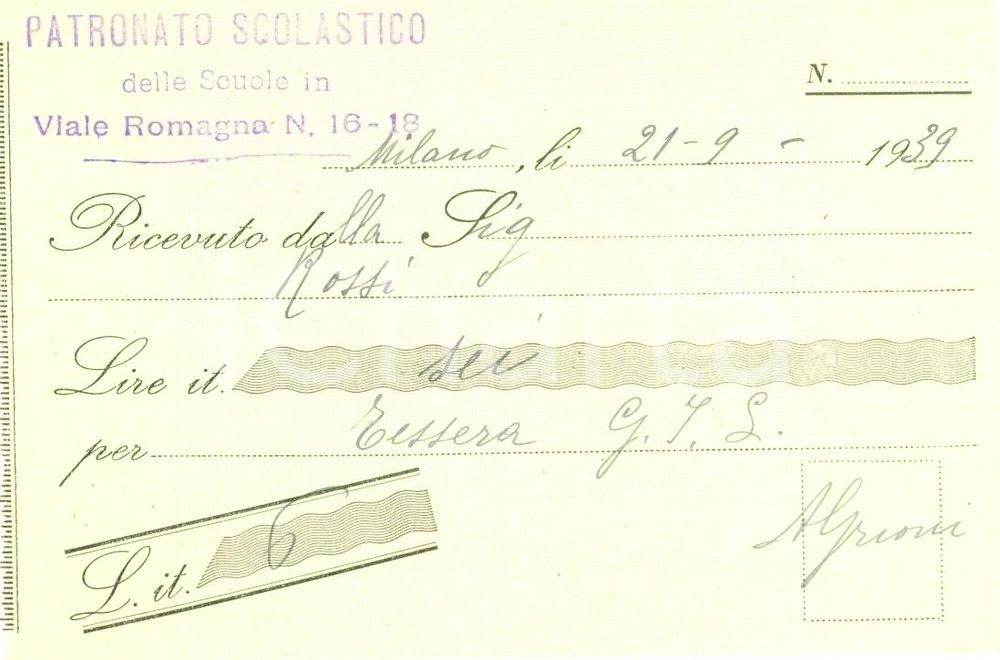 Documento originale, autentico 1939 MILANO GIL SCUOLE ELEMENTARI Gino ROSSI paga quota per tessera Documento 1