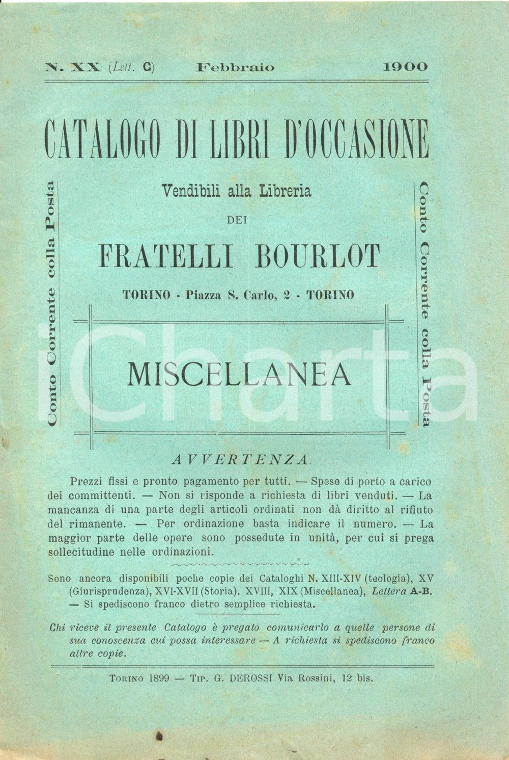 1900 TORINO Catalogo libreria FRATELLI BOURLOT Libri occasione n° XX Miscellanea