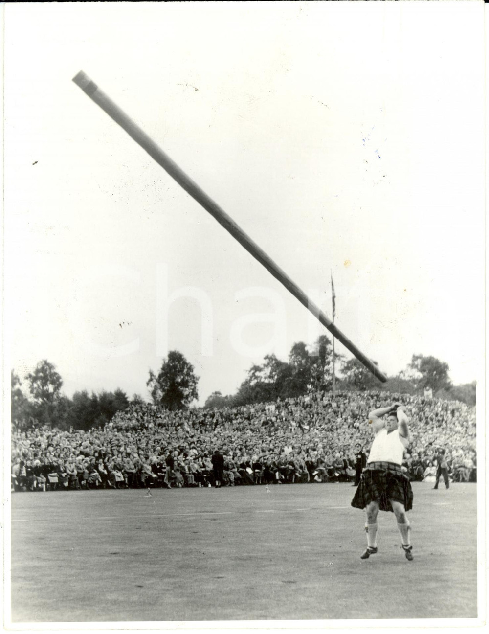 Fotografia d epoca originale 1985 ca ISOLE SHETLAND Scozia HIGHLAND Games  Atleta lancio del tronco Foto 1