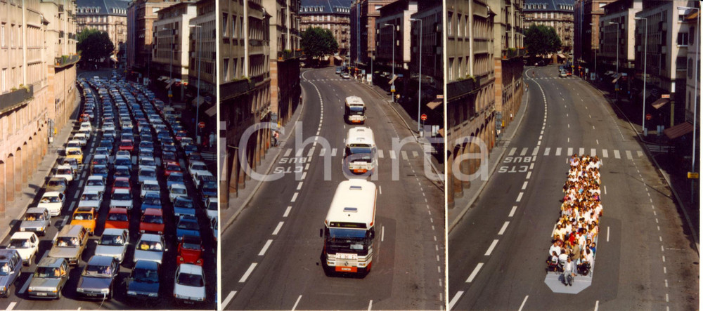 Fotografia d epoca originale 1989 STRASBURGO F Prodigio autobus...meno traffico e inquinamento Foto TRIPLA 1