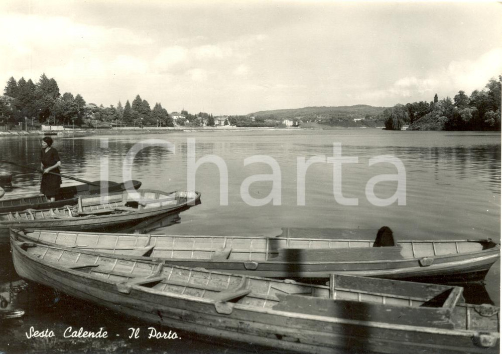 Cartolina originale da collezione 1955 SESTO CALENDE VA Veduta del porto e BARCHE Cartolina animata FG VG 1