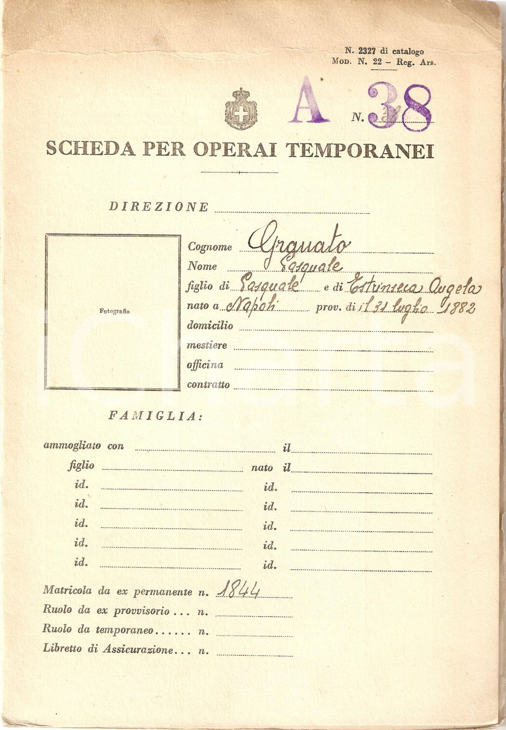 Documento originale, autentico 1923 NAPOLI Scheda Operaio congegnatore Pasquale GRANATO Armamenti Navali NAPOLI 1