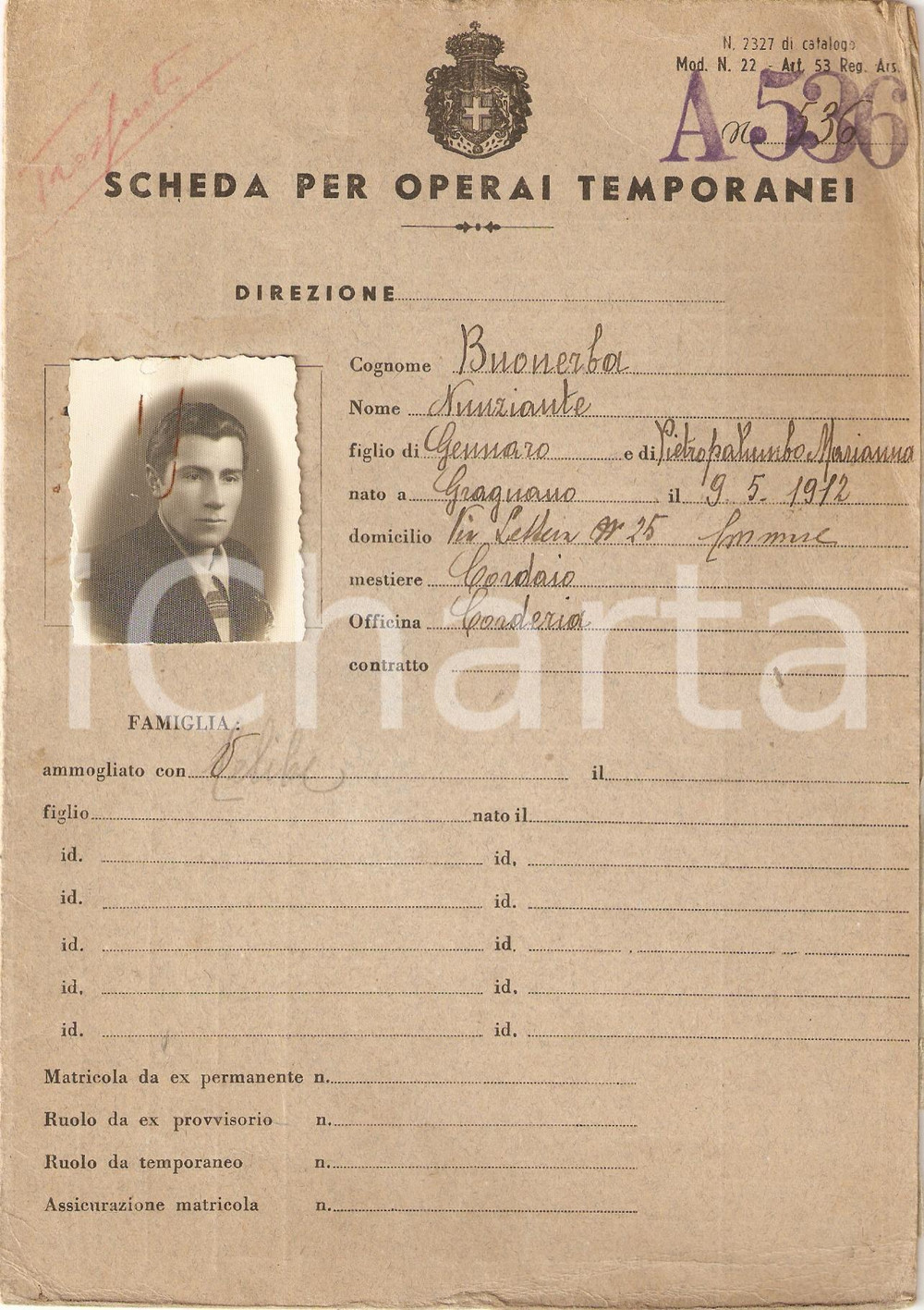 Documento originale, autentico 1940 GRAGNANO Scheda cordaio Nunziante BUONERBA Corderia CASTELLAMMARE DI STABIA 1