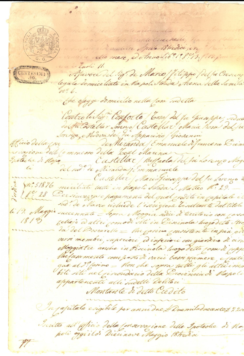 Documento originale, autentico 1813 NAPOLI PISCINOLA Filippo DE MARCO chiede iscrizione su masseria CASTELLAR 1
