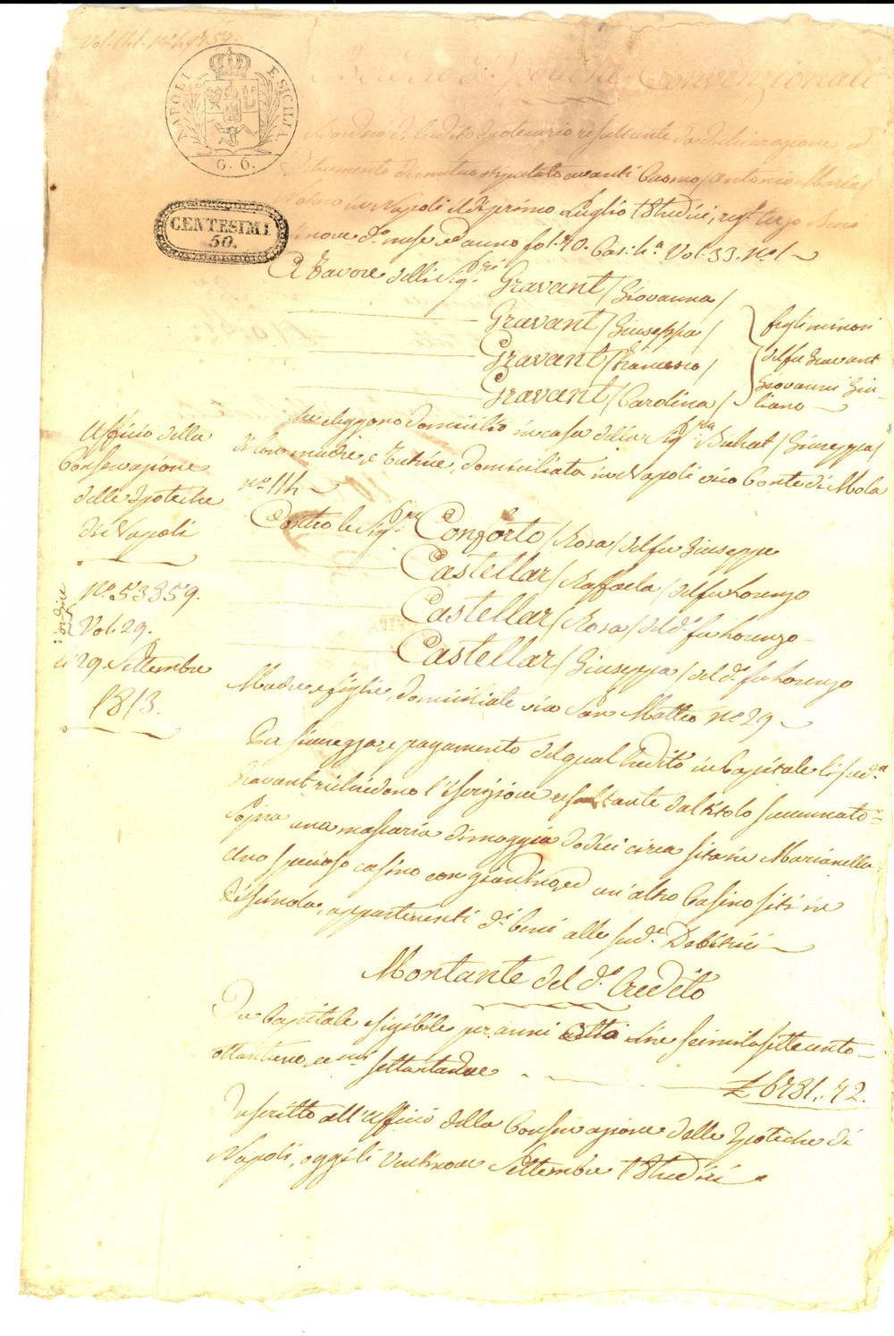 Documento originale, autentico 1813 NAPOLI MARIANELLA Famiglia GRAVANT chiede iscrizione su masseria CASTELLAR 1