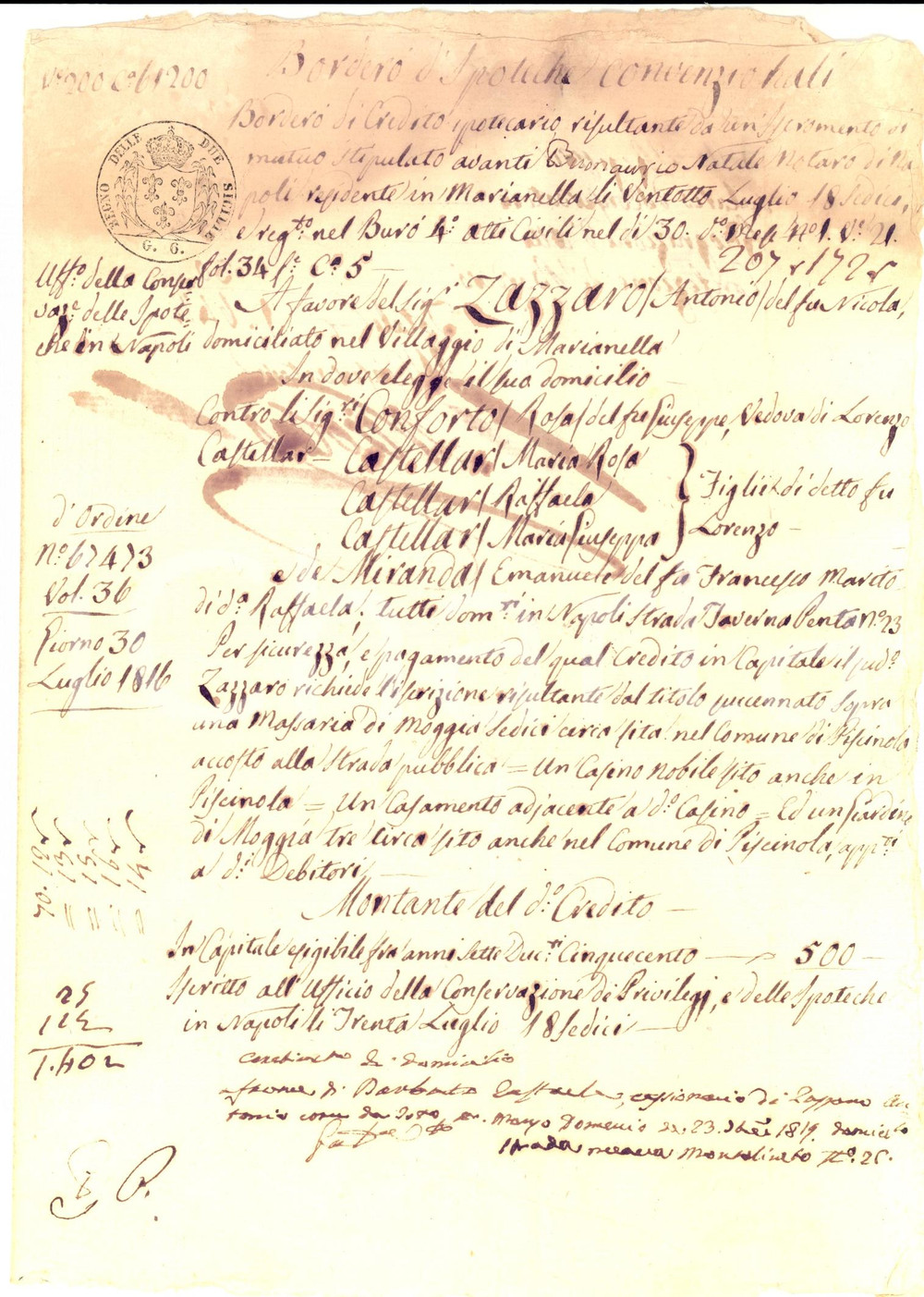 Documento originale, autentico 1816 NAPOLI PISCINOLA Antonio ZAZZARO chiede iscrizione su masseria di debitore 1