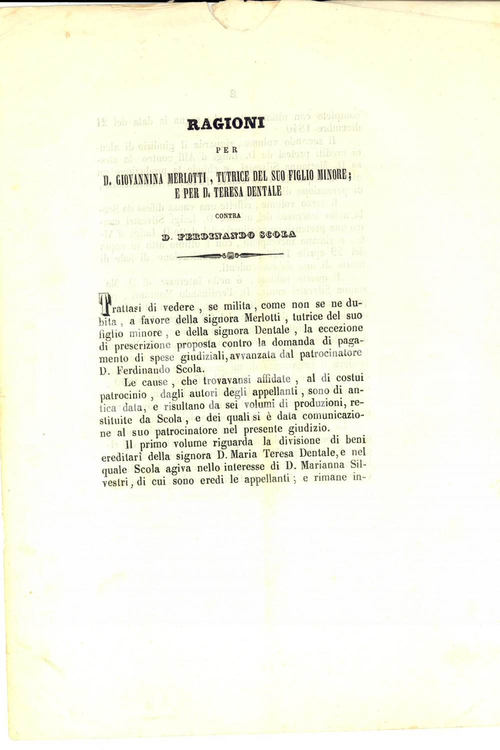 Documento originale, autentico 1859 NAPOLI Lite tra Giovannina MERLOTTI e l avv. Ferdinando SCOLA per spese 1