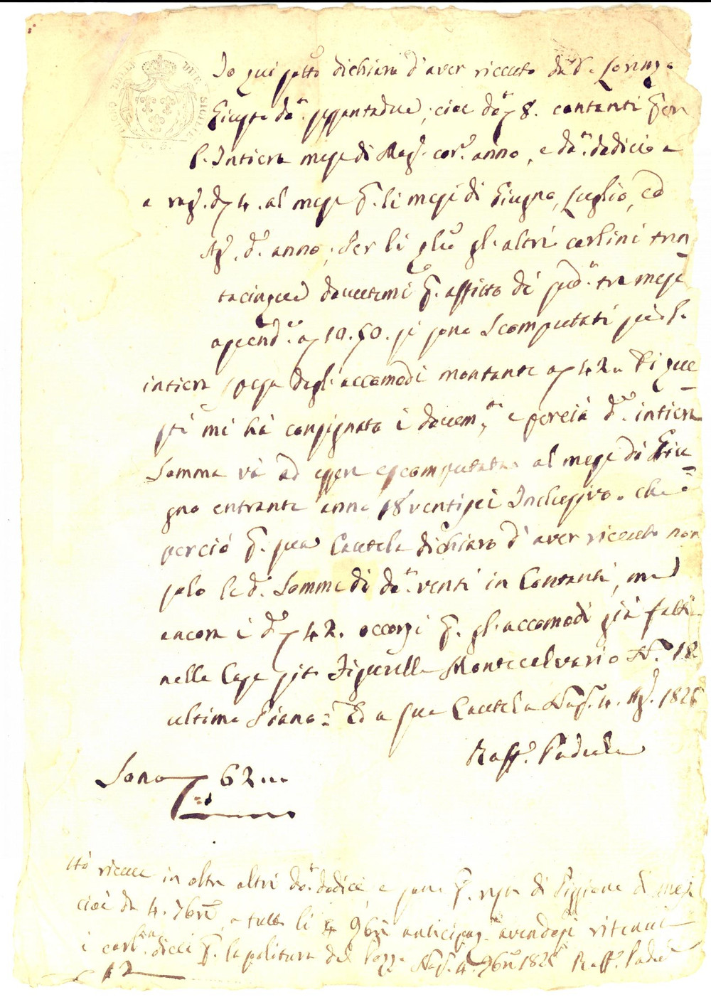 Documento originale, autentico 1826 NAPOLI Saldo a Raffaele PADULA per lavori vico FIGURELLA MONTECALVARIO 1
