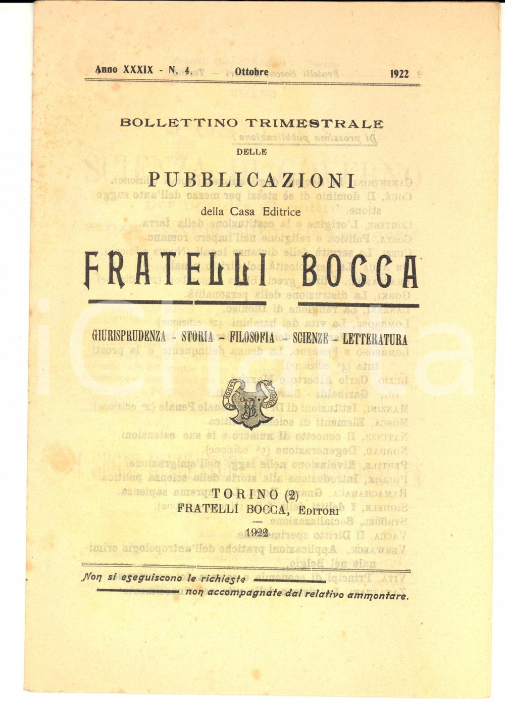 Materiale pubblicitario d’epoca 1922 TORINO Casa Editrice FRATELLI BOCCA Bollettino trimestrale pubblicazioni 1