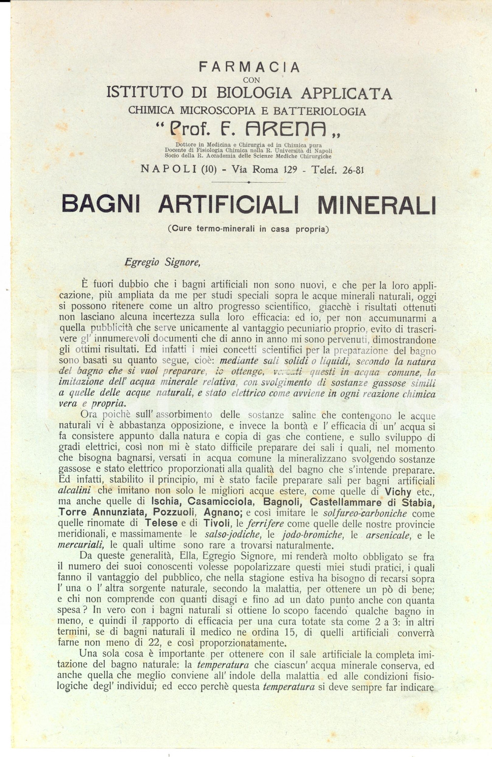 Materiale pubblicitario d’epoca 1900 ca NAPOLI Farmacia prof. F. ARENA Bagni artificiali minerali Pubblicitaria 1