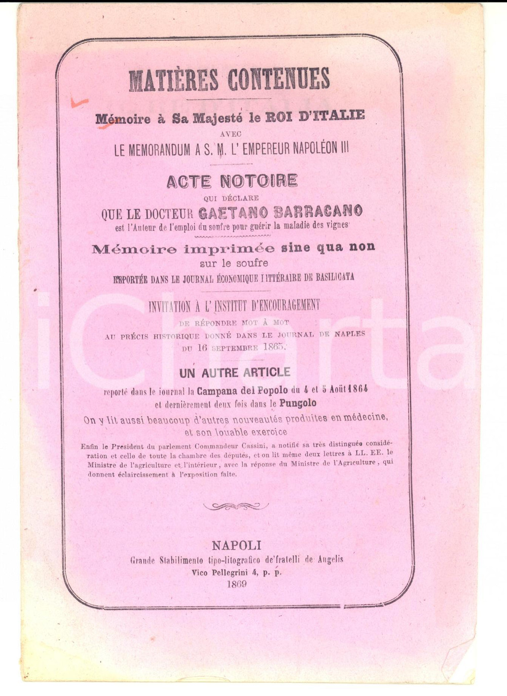 Materiale pubblicitario d’epoca 1869 NAPOLI Memoria al Re d Italia  Gaetano BARRACANO Zolfo per malattie vigne 1