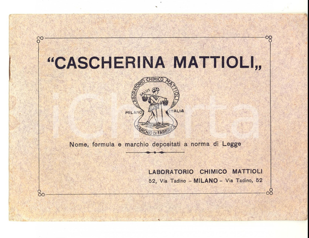 Materiale pubblicitario d’epoca 1920 ca MILANO Laboratorio chimico MATTIOLI  Cascherina contro emorroidi 1