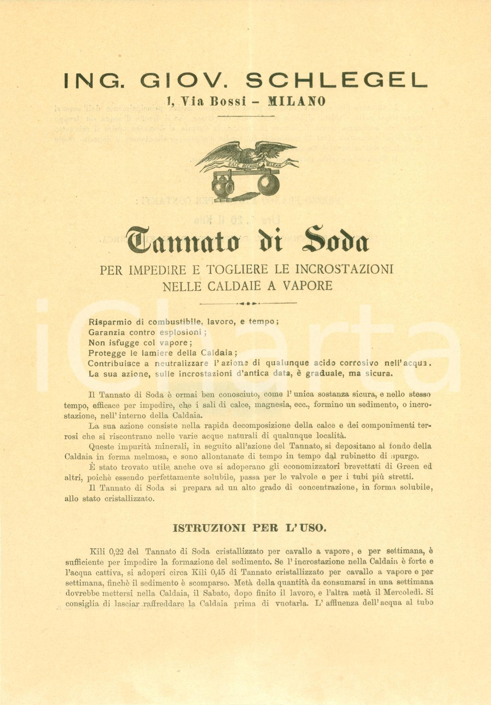 Materiale pubblicitario d’epoca 1900 ca MILANO Ing. Giovanni SCHLEGEL Tannato di soda per caldaie a vapore 1