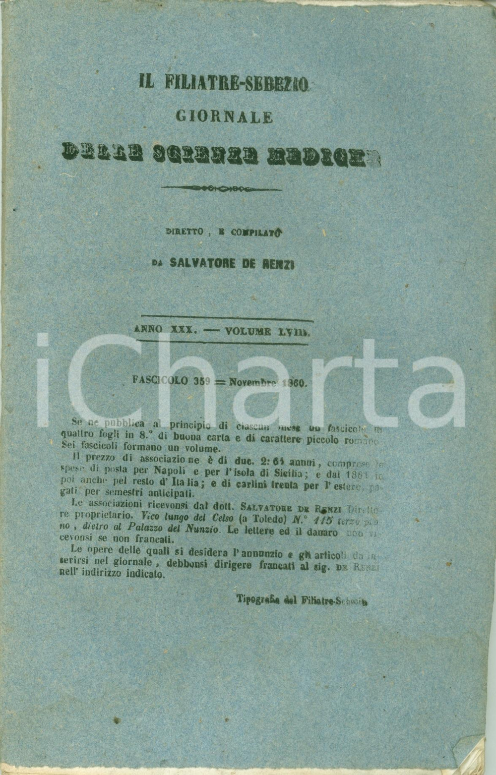 Libro, pubblicazione d epoca 1860 Salvatore DE RENZI Il FiliatreSebezio Principii fondamentali patonomia 1