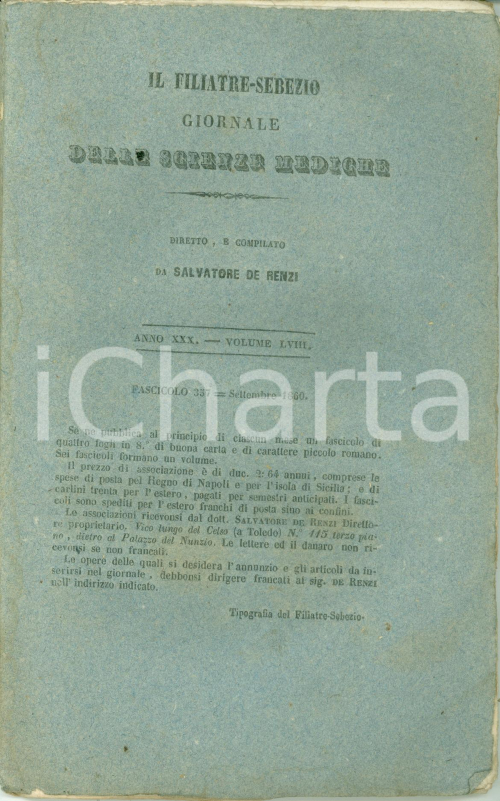 Libro, pubblicazione d epoca 1860 Salvatore DE RENZI Il FiliatreSebezio Caso clinico Nicola MARISI 1