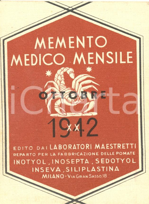 Materiale pubblicitario d’epoca 1942 MILANO Laboratori MAESTRETTI Memento medico mensile ottobre ILLUSTRATO 1