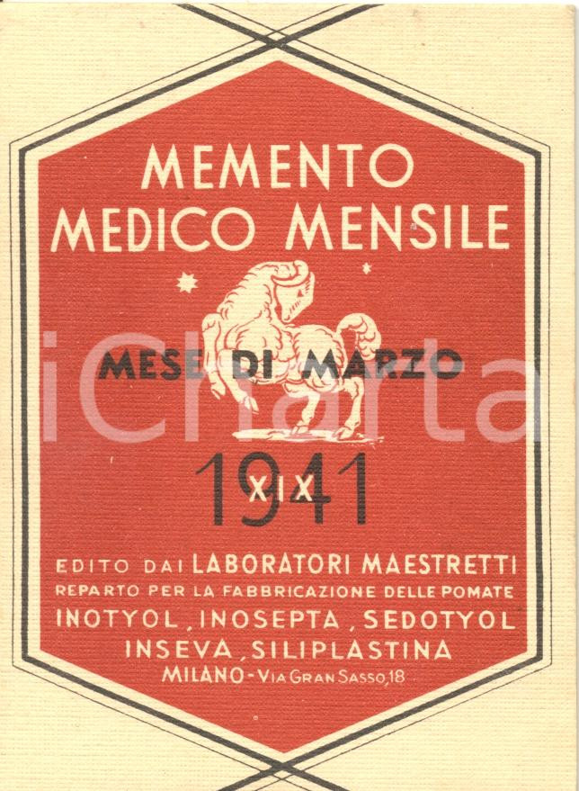 Materiale pubblicitario d’epoca 1941 MILANO Laboratori MAESTRETTI Memento medico mensile marzo ILLUSTRATO 1