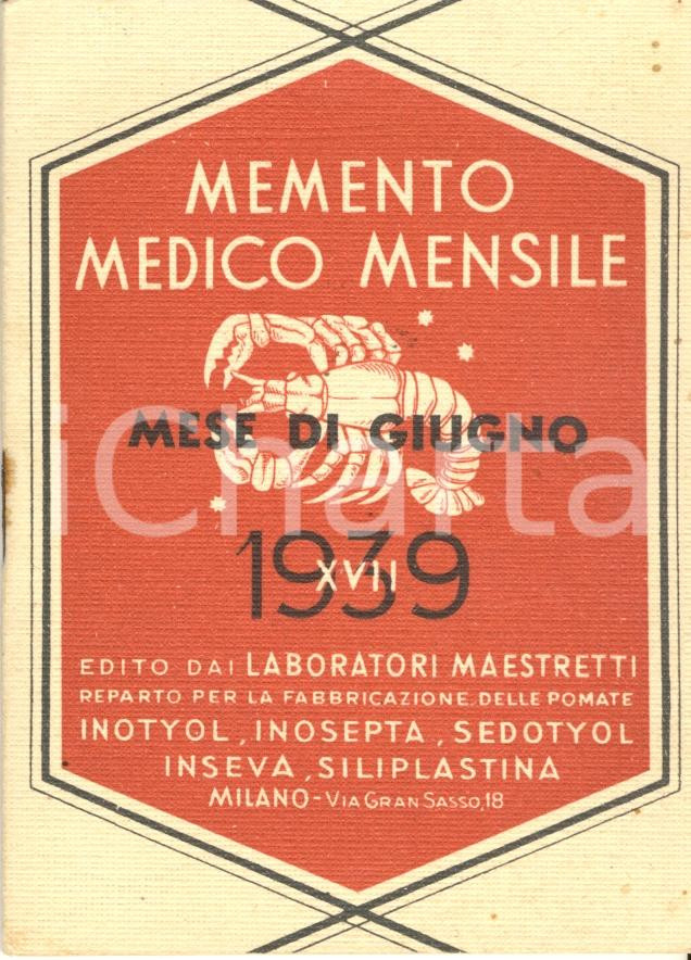 Materiale pubblicitario d’epoca 1939 MILANO Laboratori MAESTRETTI Memento medico mensile giugno ILLUSTRATO 1