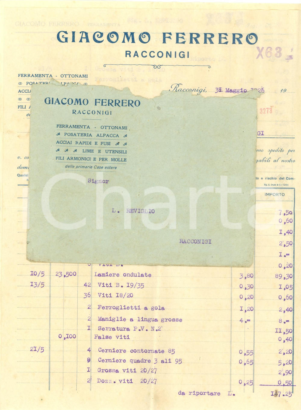 Documento originale, autentico 1926 RACCONIGI CN Giacomo FERRERO ferramenta ottonami posateria alpaca FATTURA 1