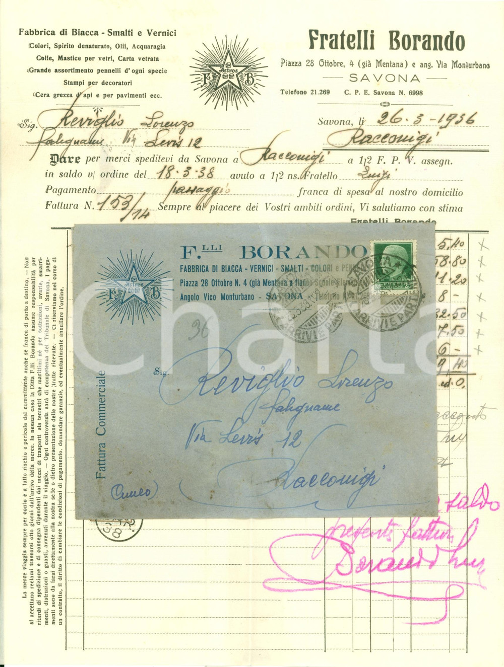 Documento originale, autentico 1936 SAVONA Fratelli BORANDO fabbrica biacca smalti vernici Fattura commerciale 1