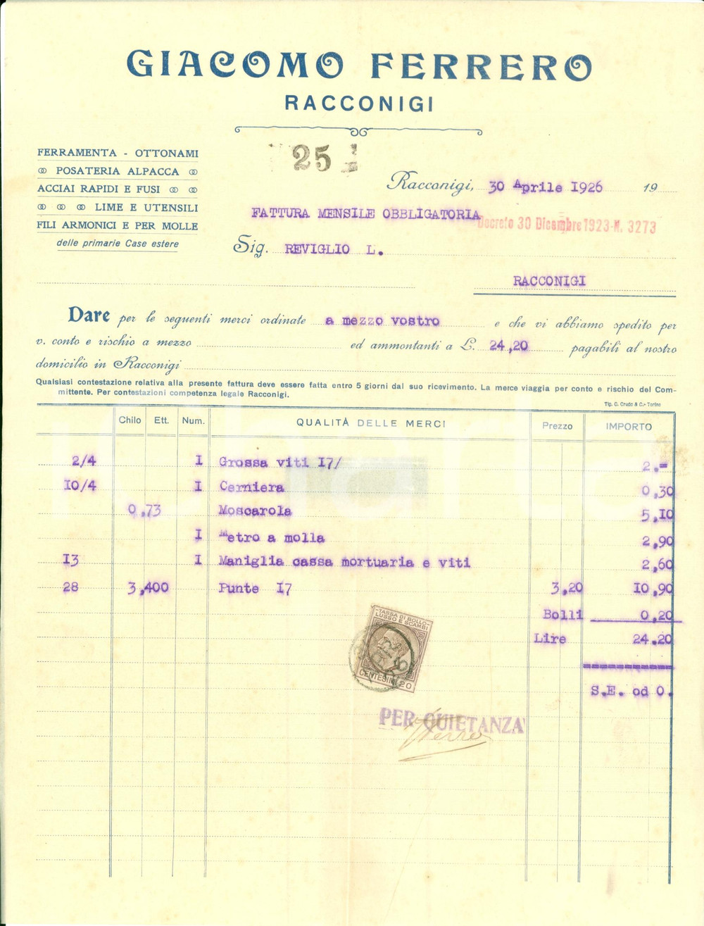 Documento originale, autentico 1926 RACCONIGI CN Giacomo FERRERO ferramenta ottonami posateria alpaca FATTURA 1