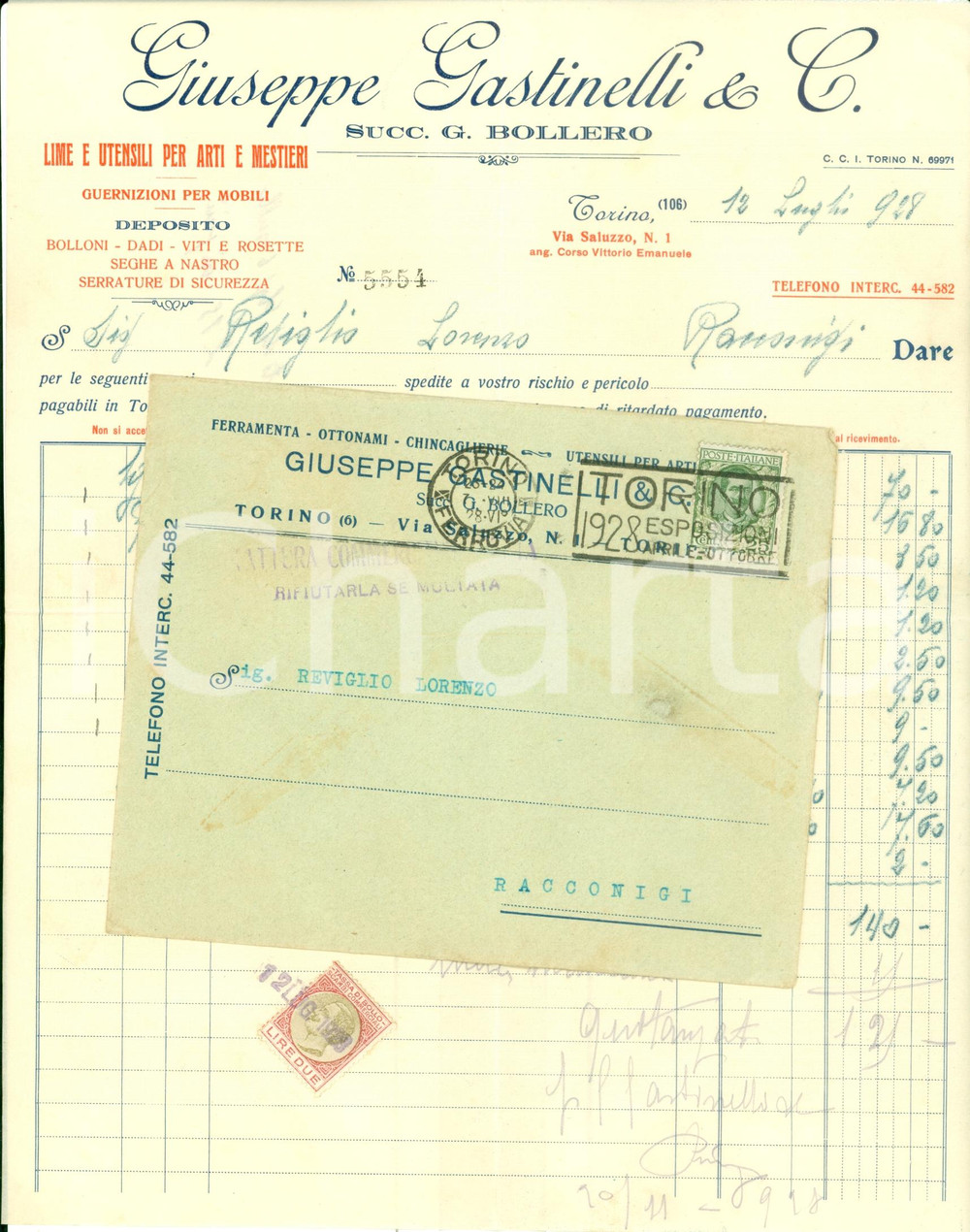 Documento originale, autentico 1928 TORINO Giuseppe GASTINELLI lime utensili arti mestieri Fattura commerciale 1